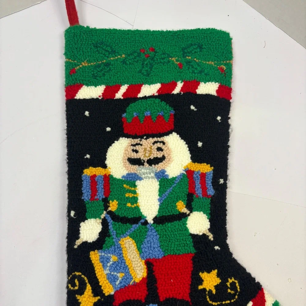 Vintage Hand Hooked Wool Christmas Stocking Nutcracker Soldier Holiday Decor 18
